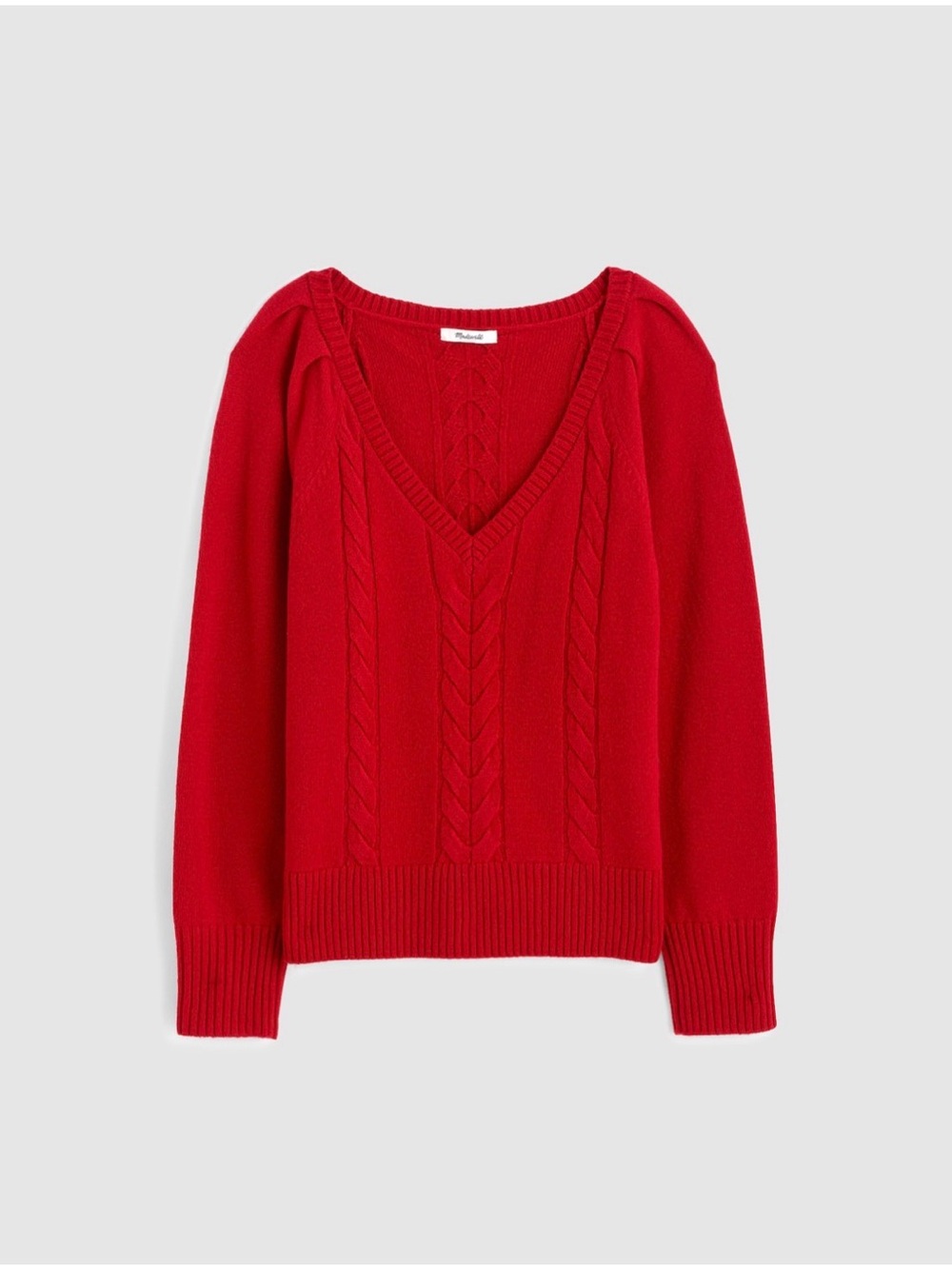 Madewell Red Merino Wool V-Neck Cable Knit Pullover Sweater Puff Sleeve